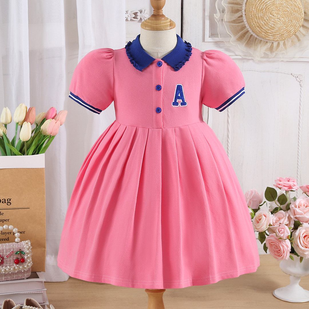 女童夏款短袖连衣裙简约洋气夏季儿童学院风玫红针织衬衫公主裙子