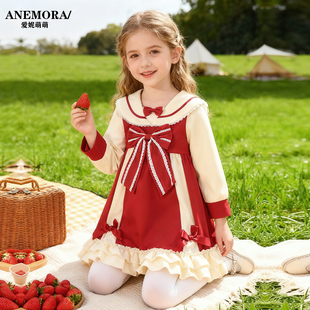 女童洛丽塔加绒连衣裙秋冬装红色蝴蝶结公主裙洋气蓬蓬礼服毕业裙