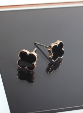防过敏s925纯银针黑色四叶草耳钉女18k玫瑰金简约迷你百搭小耳环