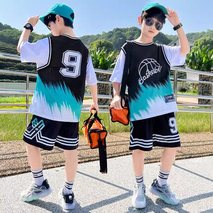 时尚男童篮球服速干运动套装儿童假两件短袖9号球衣大童训练服夏
