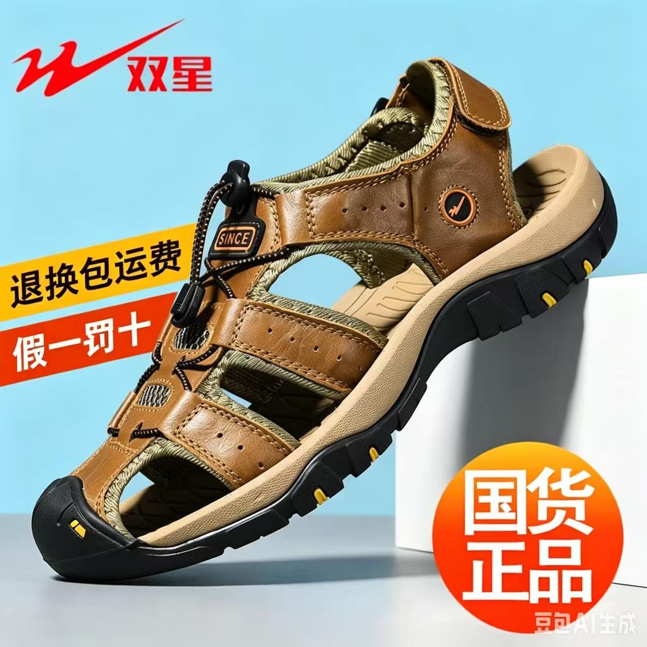 双星包头凉鞋男夏季外穿真皮软底防滑运动男士户外涉水沙滩鞋大码
