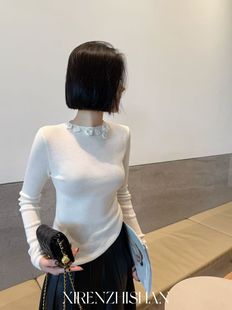 女内搭毛衣设计感玫瑰花圆领 打底衫 100%羊毛针织衫 女25秋冬修身