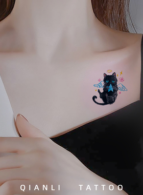 仟鲤 天使小黑猫 彩色纹身贴防水持久女卡通儿童手腕手臂贴画可爱