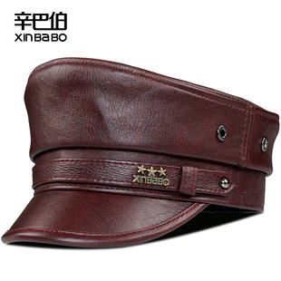 辛巴伯真皮帽子头层牛皮男女机车平顶帽鸭舌帽秋冬季复古百搭休闲
