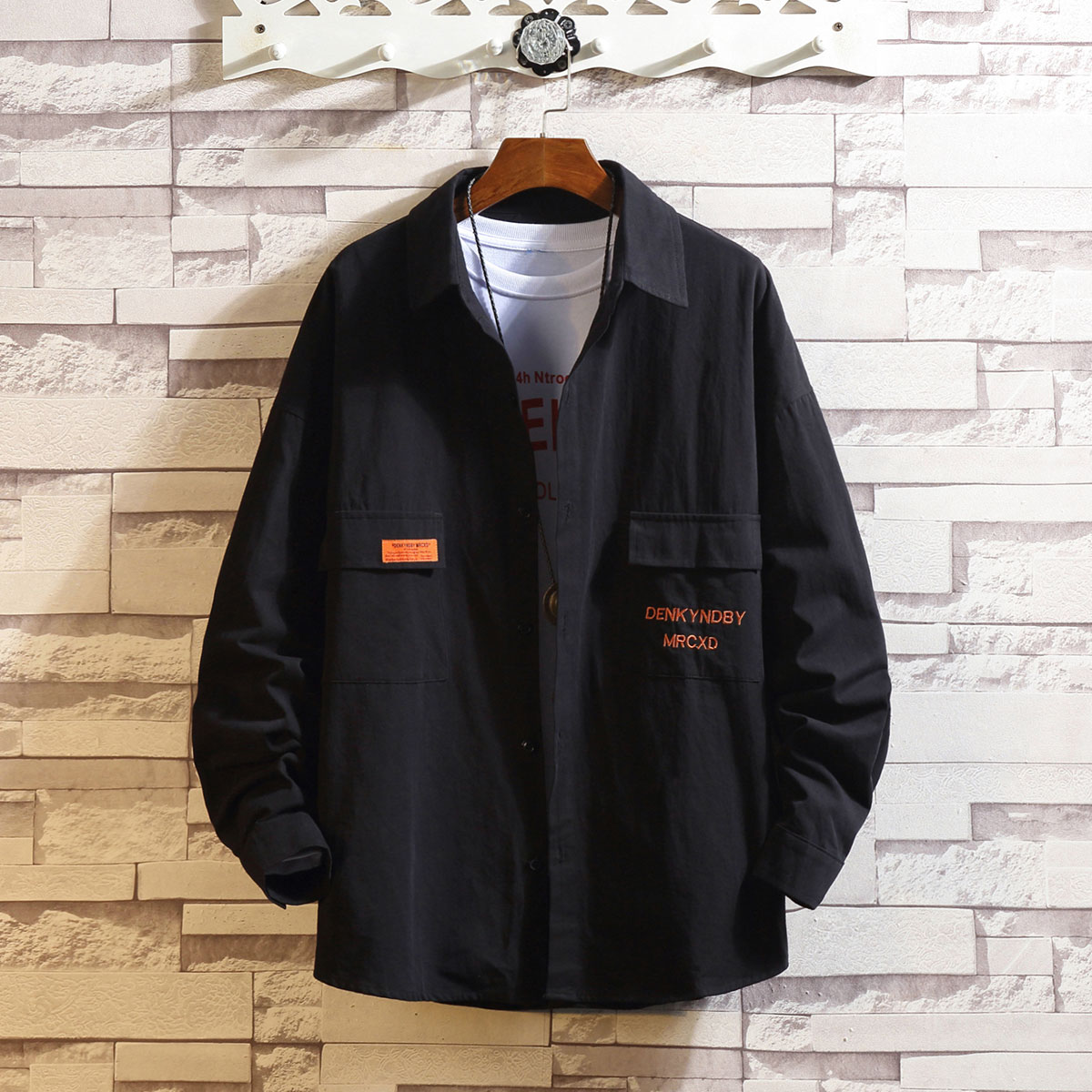 Fall and Winter 2019 New Pure Colour Men's Shirt Square Collar Top Long Sleeve Jacket Cotton 100%