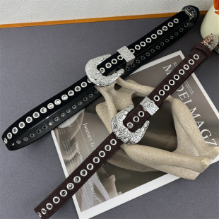 设计感复古绒面铆钉皮带女真皮束腰装 腰带配饰百搭 饰配大衣牛仔裤