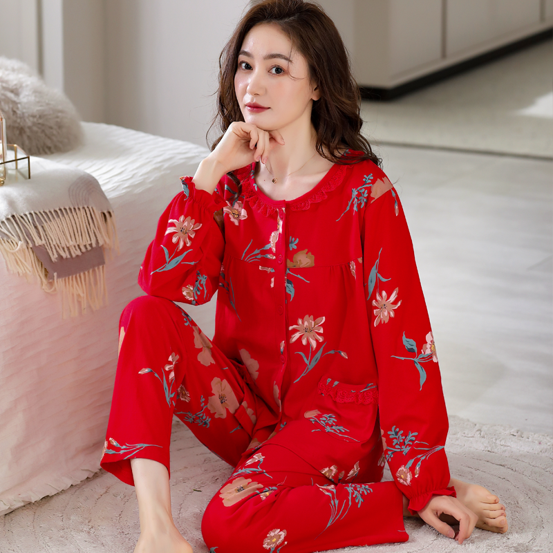 睡衣女士春秋季纯棉长袖大红色本命年开衫圆领冬天大码家居服套装,女士内衣/男士内衣/家居服,睡衣/家居服套装,淘宝优惠券,粉丝福利购,淘宝优惠卷