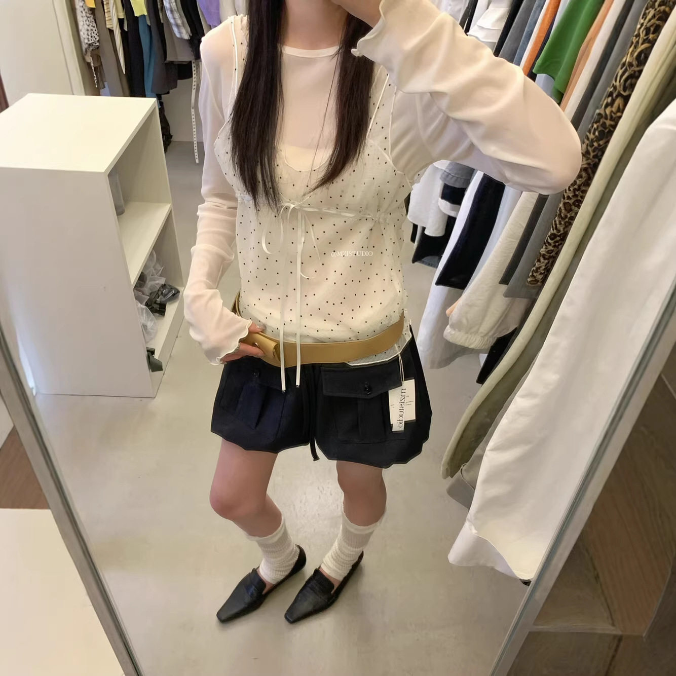 MZI STUDIO波点系带吊带背心+长袖T恤打底衫上衣两件套女春秋套装图片