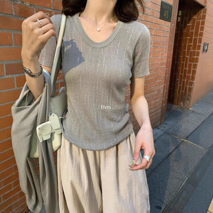 Hers一勺甜夏季韩版简约基础款气质百搭修身显瘦U领针织衫女08176