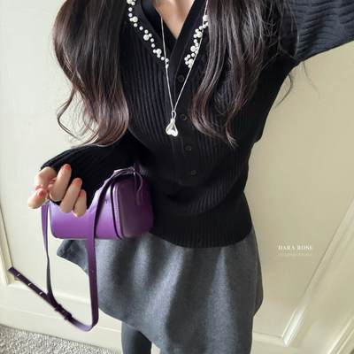 DARA ROSE-26年早春重工优雅风钉珠v领气质上衣显瘦针织衫V领套头