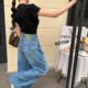 Plus 早春韩系破洞水洗时尚 百搭显瘦牛仔裤 One 中低腰阔腿裤