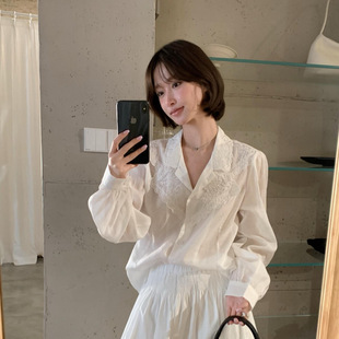 IMISS 2026夏季春夏法式温柔风刺绣花朵百搭翻领长袖衬衫女