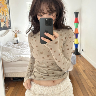 现H2026春季 韩国东大门fl tta蘑菇印花圆领长袖 打底T恤上衣女 新款