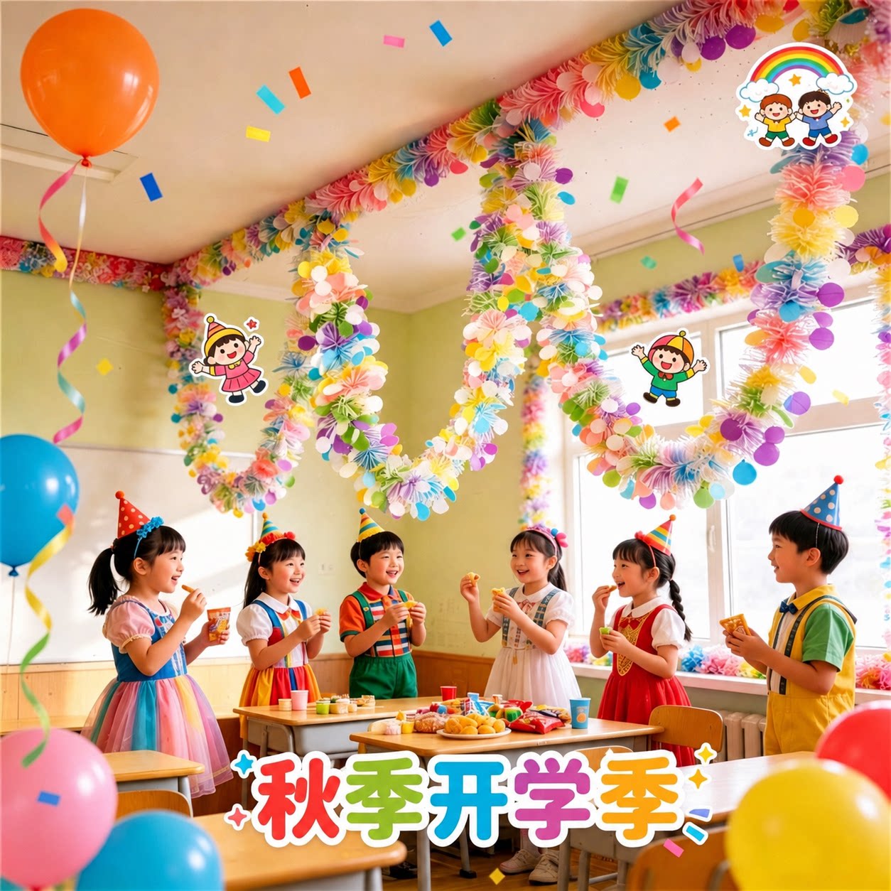 小学生开学季装饰幼儿园学校教室马卡龙毛条窗户挂饰彩带拉花彩条