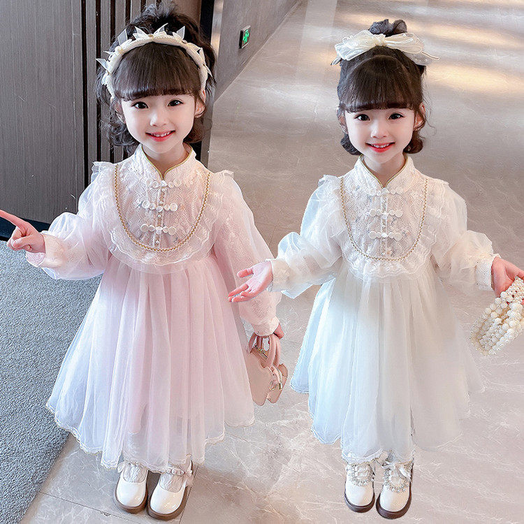 女童公主风连衣裙春季长袖立领纱网中长裙白色粉色