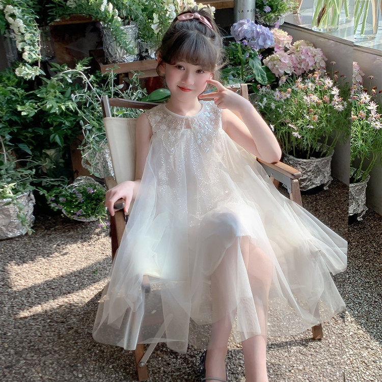 女童白色公主连衣裙夏季无袖中长裙亮片网纱蓬蓬裙