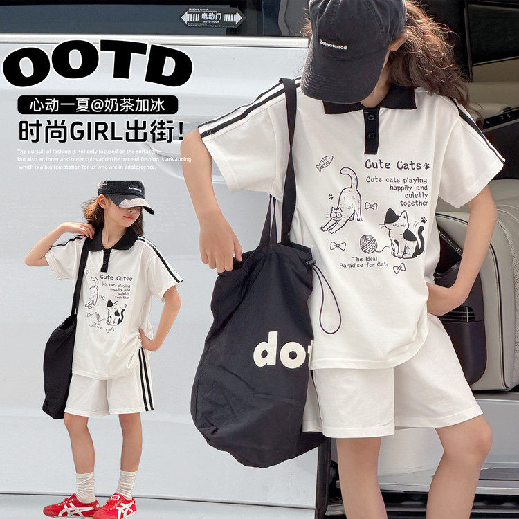 夏季女童卡通猫咪套装2件套白色POLO领短袖短裤时尚可爱