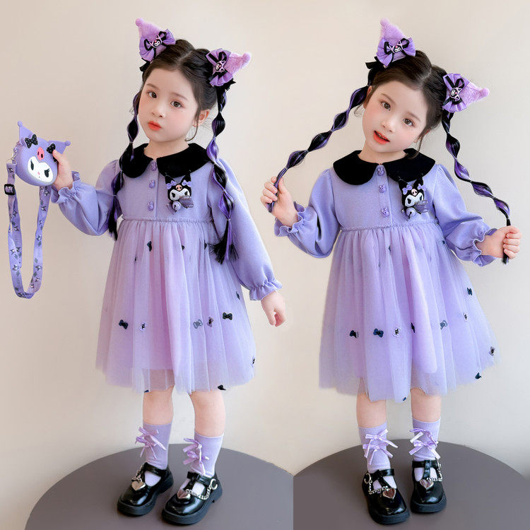 女童紫色卡通公主裙春秋长袖娃娃领中长裙柔软舒适