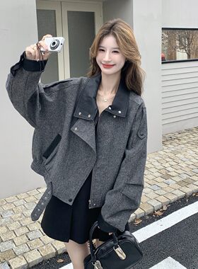 酷飒风灰色拼皮短款毛呢外套女2026秋冬休闲日式机车夹克轻薄中老