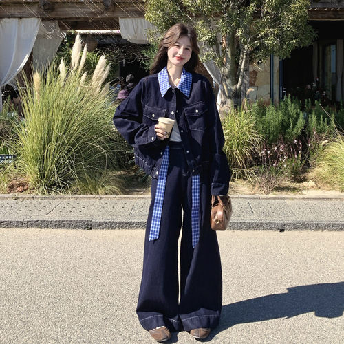 韩系流行牛仔格纹拼接两件套女秋季阔腿裤套装显瘦风新款法式老钱