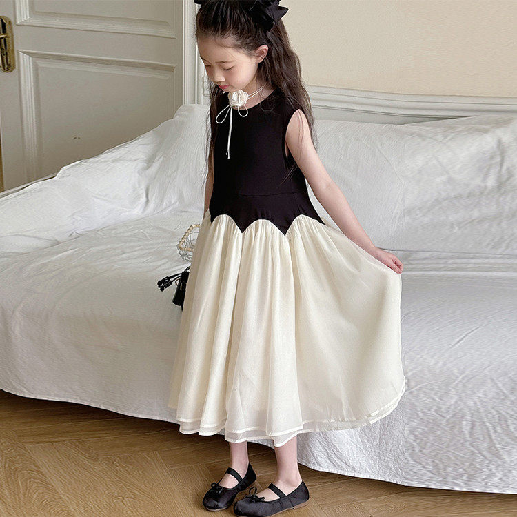 女童无袖拼接连衣裙夏季公主裙高级感气质中长裙黑白色