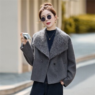 日式风毛领翻领毛呢外套女短款2026秋冬紧身中老年灰色大衣修身舒