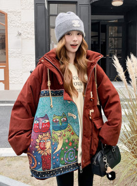 美拉德法式印花连帽羽绒服女冬季加厚保暖灯芯绒外套显瘦时尚修身