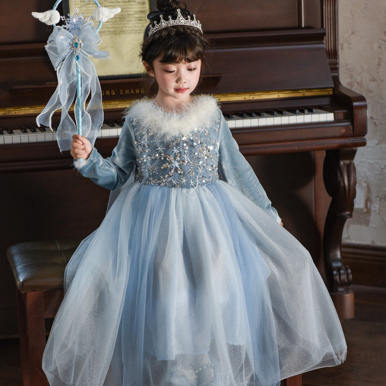 女童公主连衣裙蓝色毛绒披风长袖网纱蓬蓬裙儿童演出服