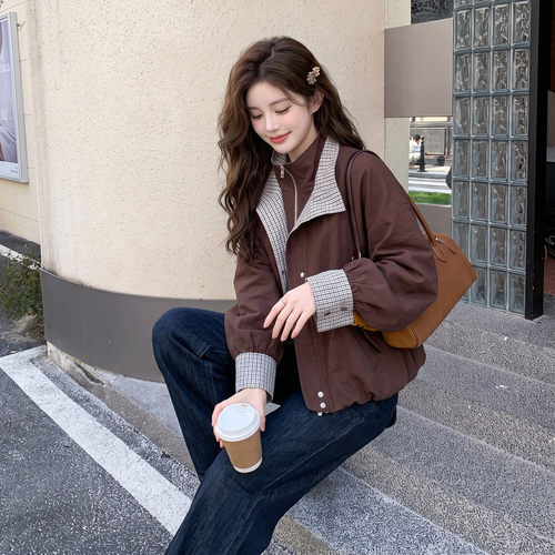 美拉德咖色格子拼接假两件短外套女秋季百搭休闲设计感夹克轻奢日