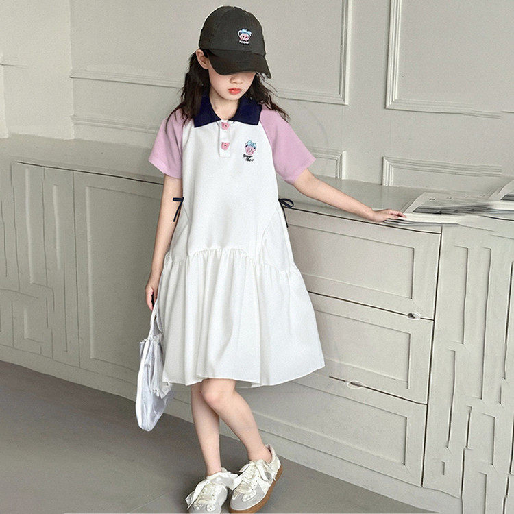 韩版女童polo领连衣裙夏季短袖卡通中长裙公主裙