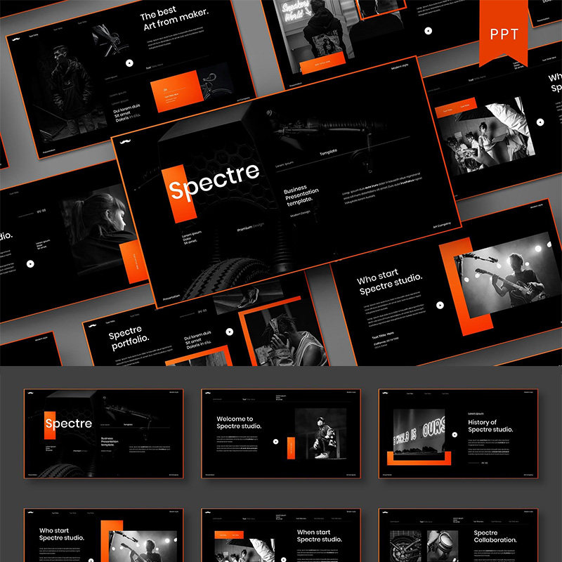 39页橙边黑底时尚个性个人工作简介宣传 ppt模板素材下载