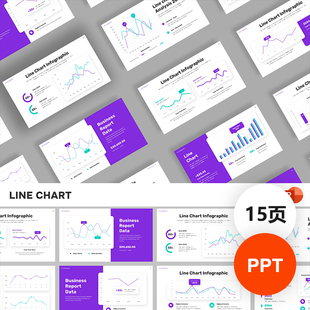 高级感紫绿色折线图形数据分析统计图扁平化风素材PPT模板