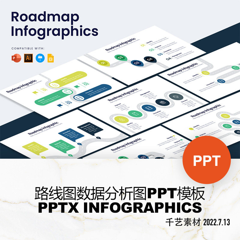 蓝绿色roadmap路线图形公路旅程 ppt模板keynote素材下载