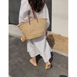 里洛家进口法式 天然草编包手提单肩包大容量野餐菜篮子沙滩女包夏