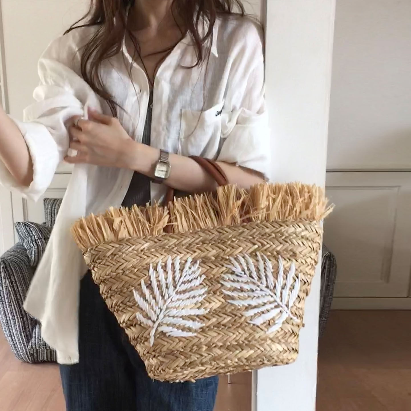 里洛家~叶子刺绣草编包大容量海岛度假风单肩包流苏编织包托特包