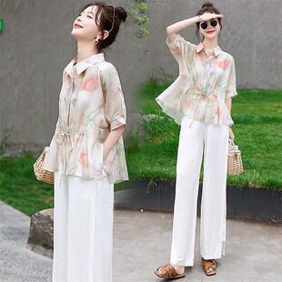 显瘦气质棉麻三件套休闲套装 女夏季 阔腿裤 碎花印花衬衫