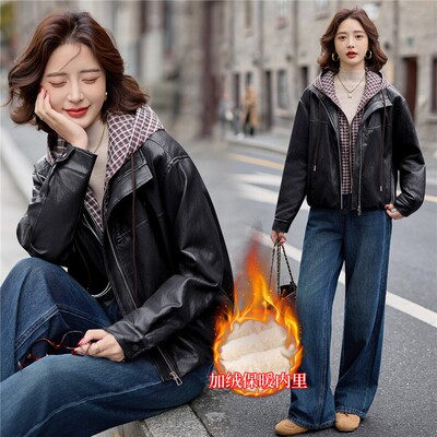 黑色翻领短款加绒新中式皮衣女