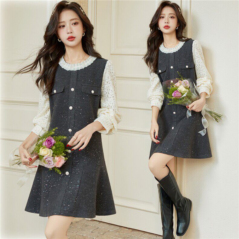 小香风假两件连衣裙女长袖蕾丝拼接显瘦气质小个子裙子