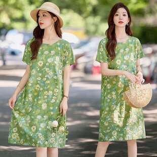 优雅绿色碎花连衣裙女夏短袖 圆领宽松遮肚洋气棉麻裙