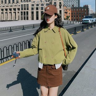 通勤风假两件短外套女春秋小个子显瘦气质绿色纽扣外套