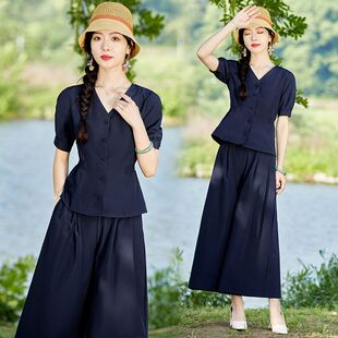 衬衫 气质显瘦穿搭套装 阔腿裤 时尚 两件套女夏季 藏青色V领短袖