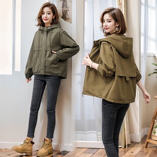 2023秋季 女士军绿色连帽短外套宽松休闲拉链夹克上衣