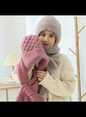 帽子女秋冬加绒加厚围巾一体风雪帽秋冬季松鼠绒毛线帽保暖网红帽