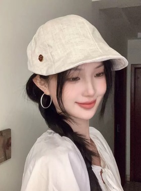 春夏复古纯色棉麻鸭舌前进帽子女显脸小轻薄透气个性贝雷帽报童帽