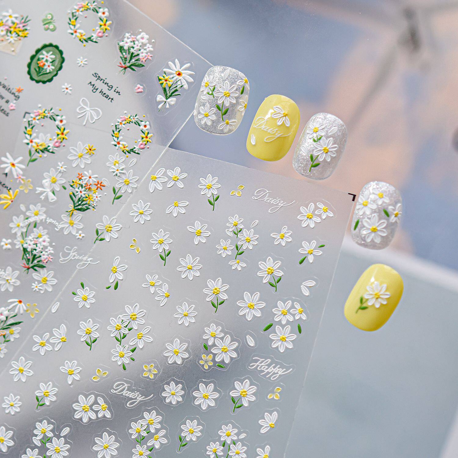 清新小雏菊美甲贴纸2026新款浮雕3d立体 ins小花朵指甲贴纸装饰品