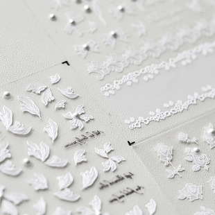 晶钻黑白色玫瑰花瓣美甲贴纸tomoni 浮雕蕾丝蝴蝶结指甲贴纸 背胶