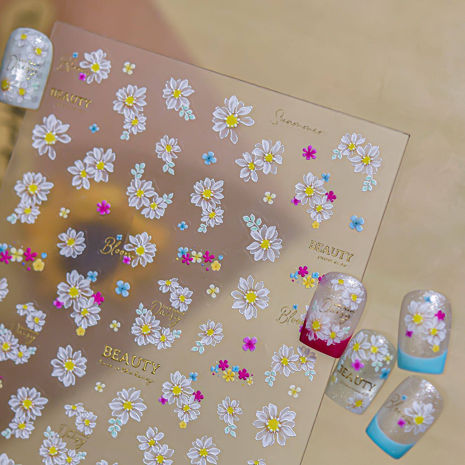 烫金花田雏菊美甲贴纸浮雕2026新款3d 立体ins花朵指甲贴纸装饰品