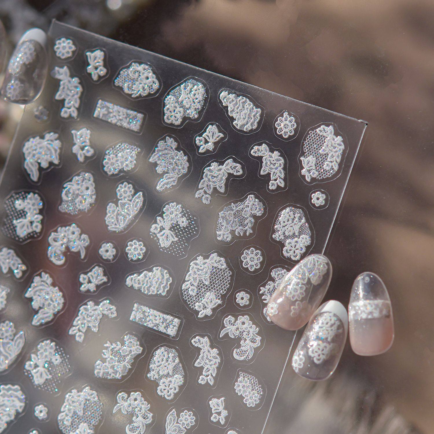 白色蕾丝片美甲贴纸新款浮雕3d立体半透色花卉网纱指甲贴纸装饰品