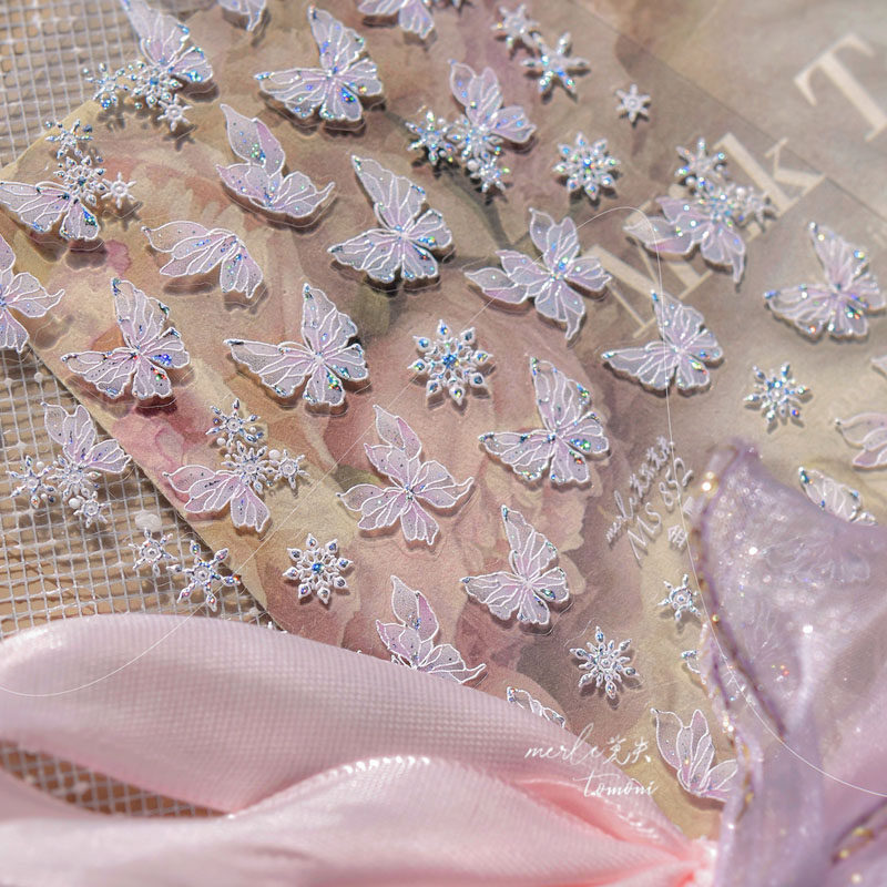 闪爆雪花蝴蝶美甲贴纸新款浮雕3d立体5d 网红ins轻奢指甲贴纸饰品