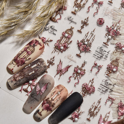 红玫瑰烛台美甲贴纸新款浮雕装饰